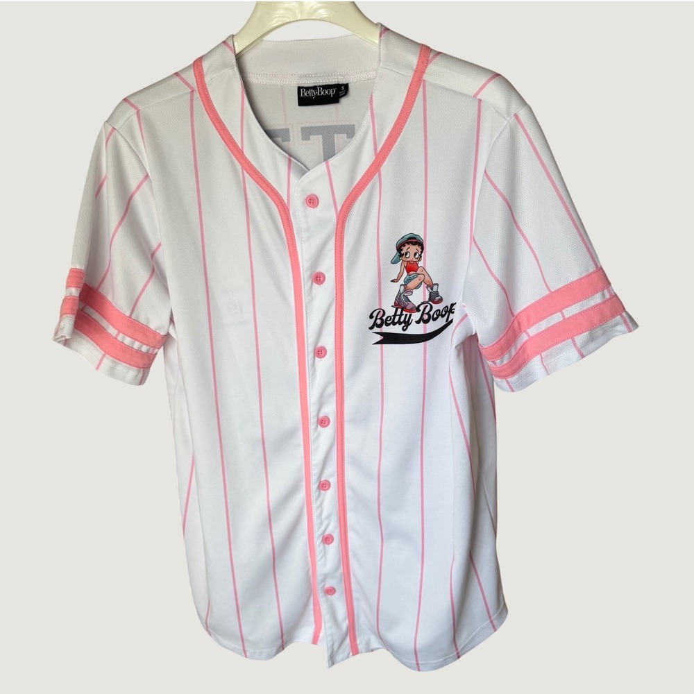 Betty Boop Baseball Jersey White Pink Pinstripe Button Front, S